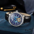 Men's stainless steel mechanical watch with transparent case back showing internal movement and butterfly clasp