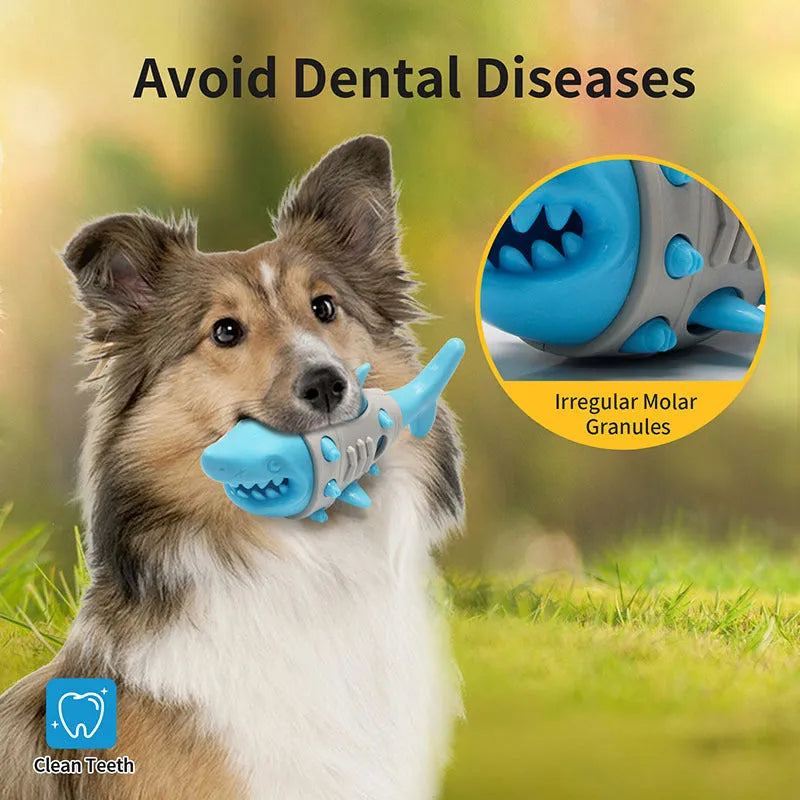 Dog teething leaky toy in blue with shark-tooth surface and treat cavity