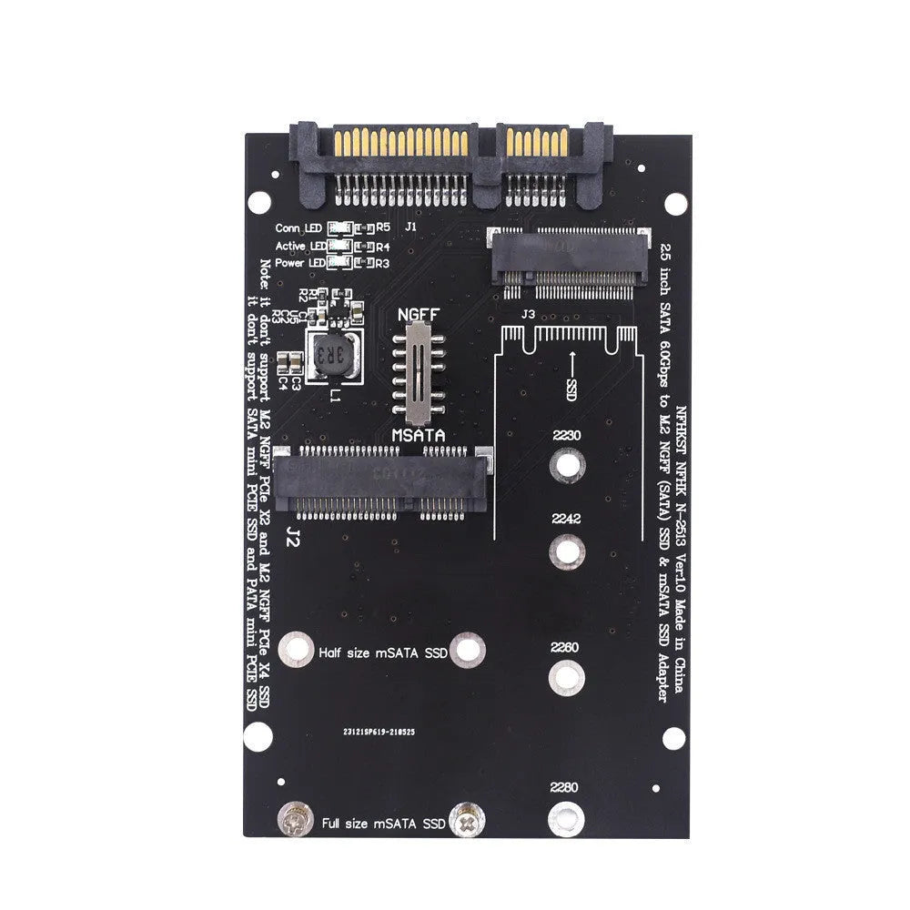 Black and blue SATA3 to M2 NGFF MSATA SSD conversion adapter card on a white background