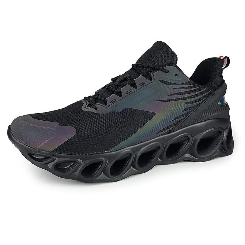 Men's low-top black mesh sports sneakers with white sole and lace-up closure on a white background