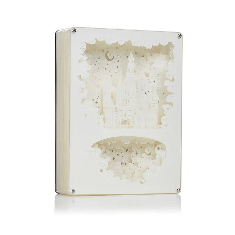 USB-powered bedside night light with three-dimensional paper carving design in yellow or purple light