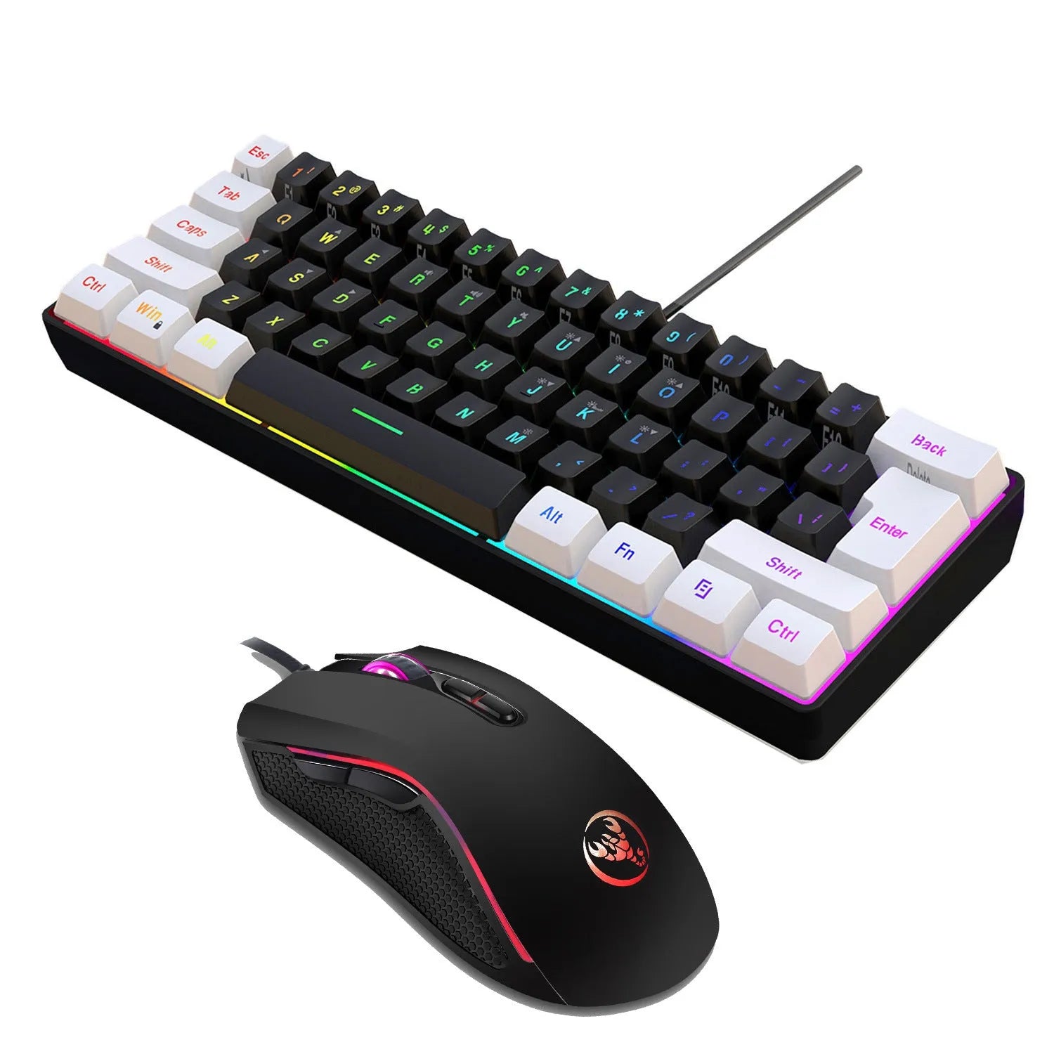 White and black wired USB gaming keyboard and mouse suit with colour backlighting on a desk.
