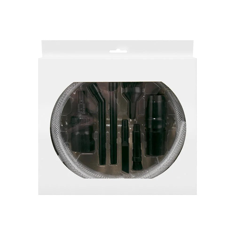 Eight-piece set of small vacuum cleaner suction heads and nozzles for detailed cleaning.