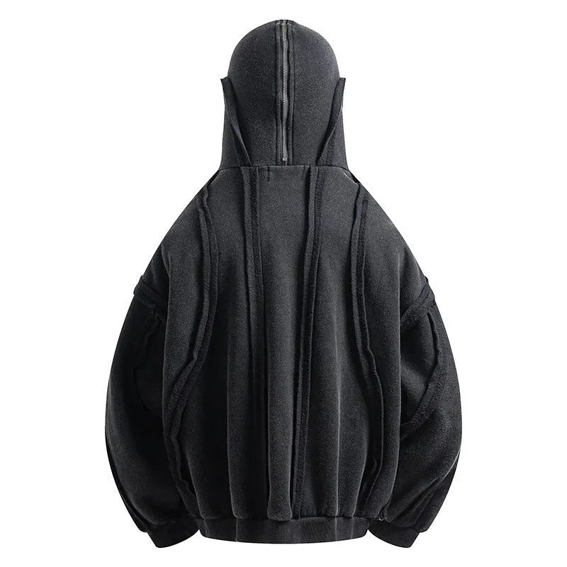 Black men's retro zip hooded cotton coat with abstract pattern, shown loose fit.