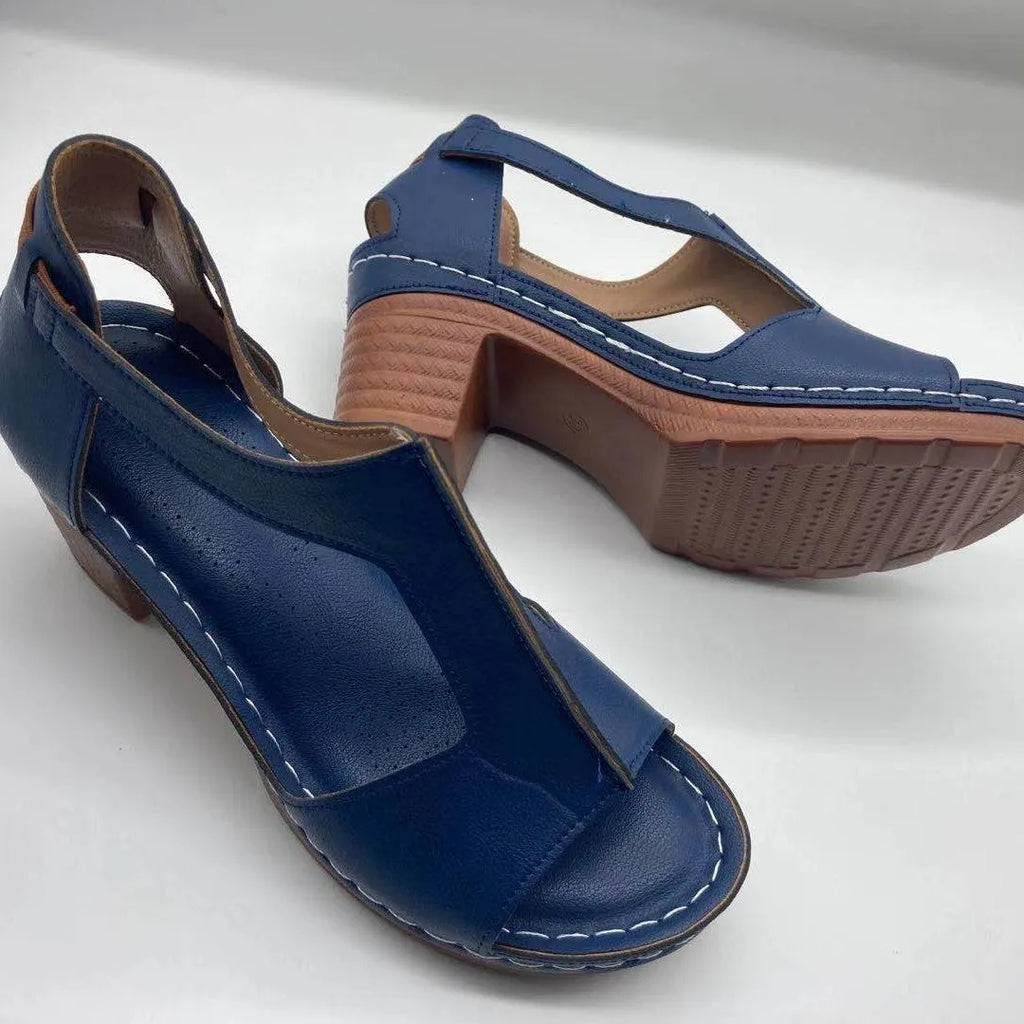 Womens plus size peep toe wedge sandals with buckle and low heel in various colours.