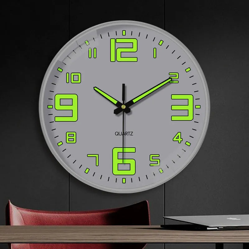 20cm diameter luminous wall clock with modern plastic shell on white wall