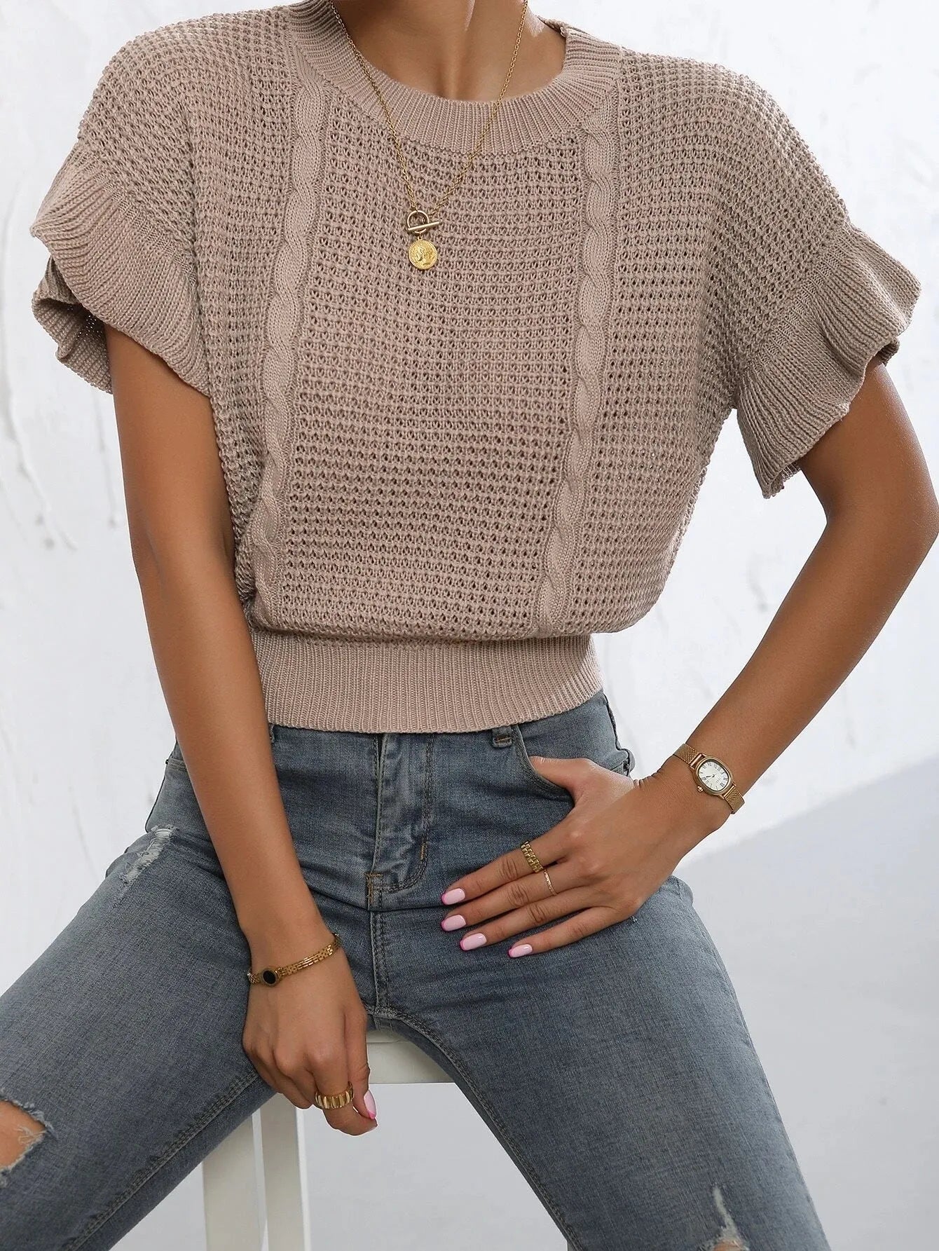Women's knitted pullover sweater with ruffle short sleeves and twisted string detailing