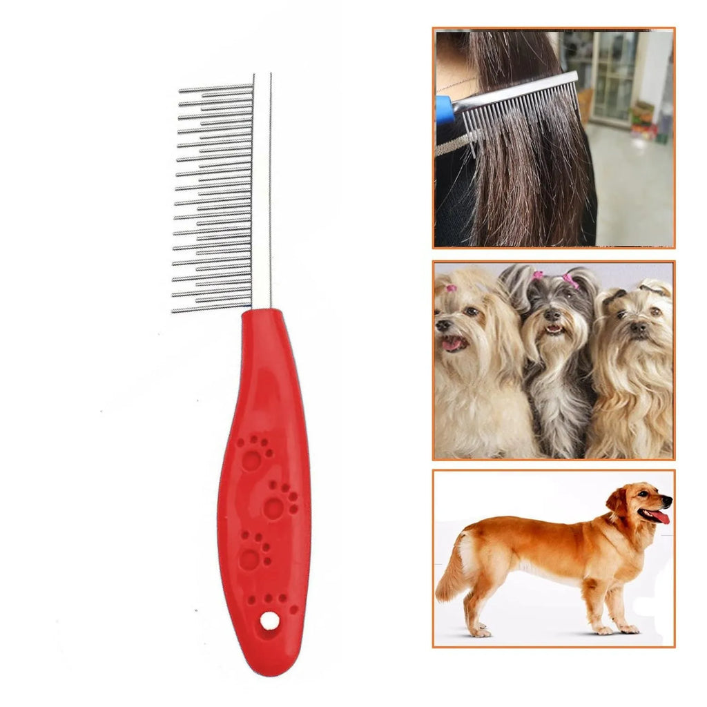 Red plastic-handled pet comb with both short and long stainless steel pin teeth for detangling fur.