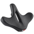 Black bicycle seat cushion with leather exterior and foam padding for shock absorption