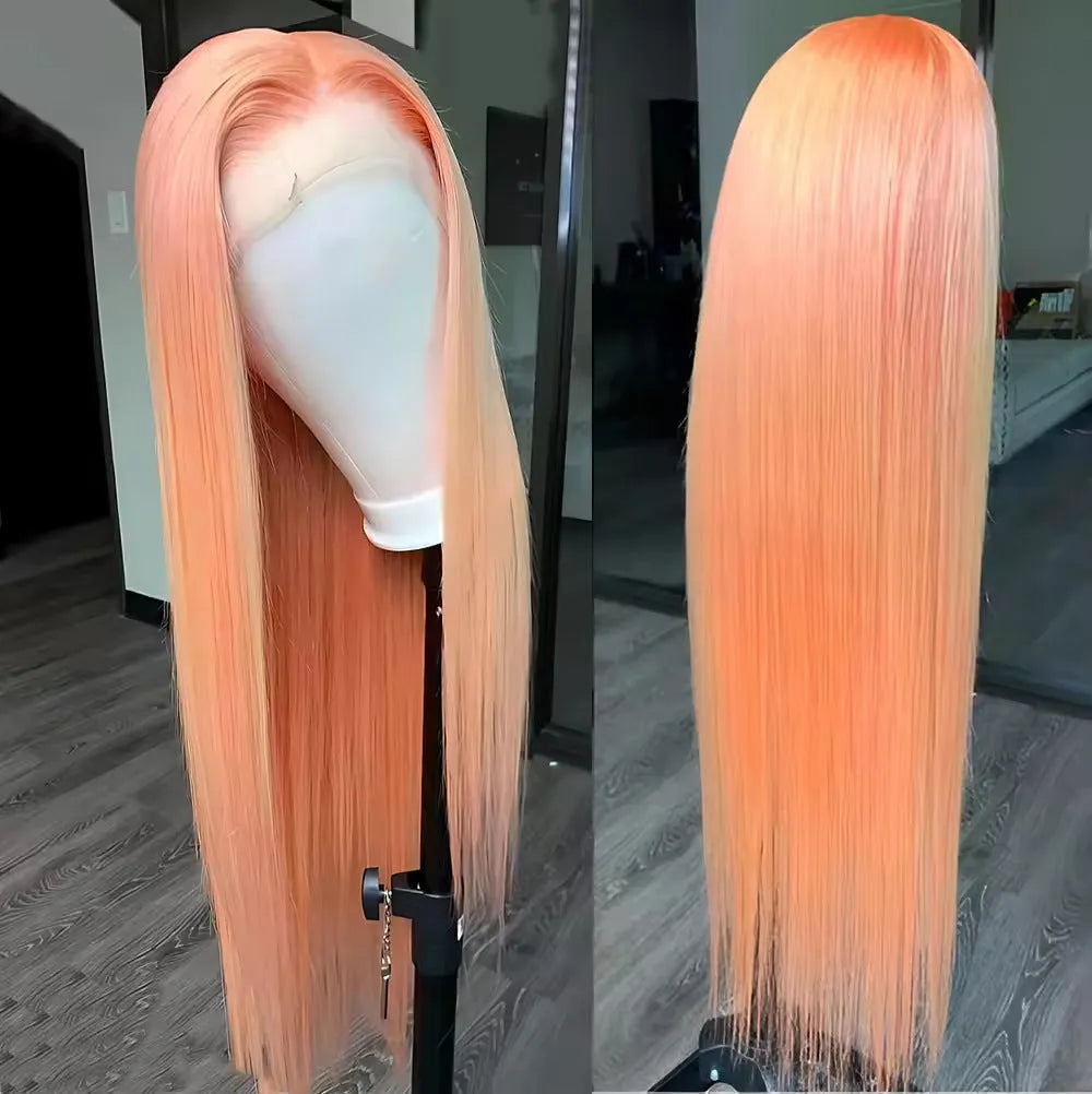 Light orange long straight front lace chemical fiber wig with side bangs on a mannequin head