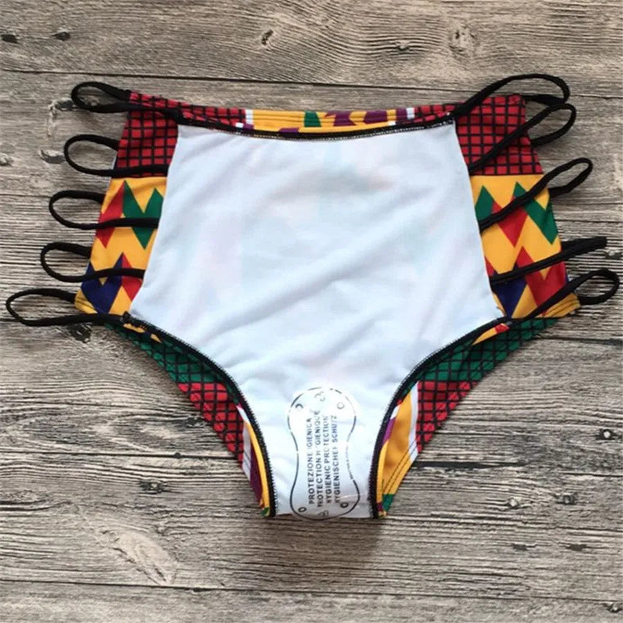 Women's digital print bikini swimsuit with high-waist briefs and backless design in quick-dry fabric