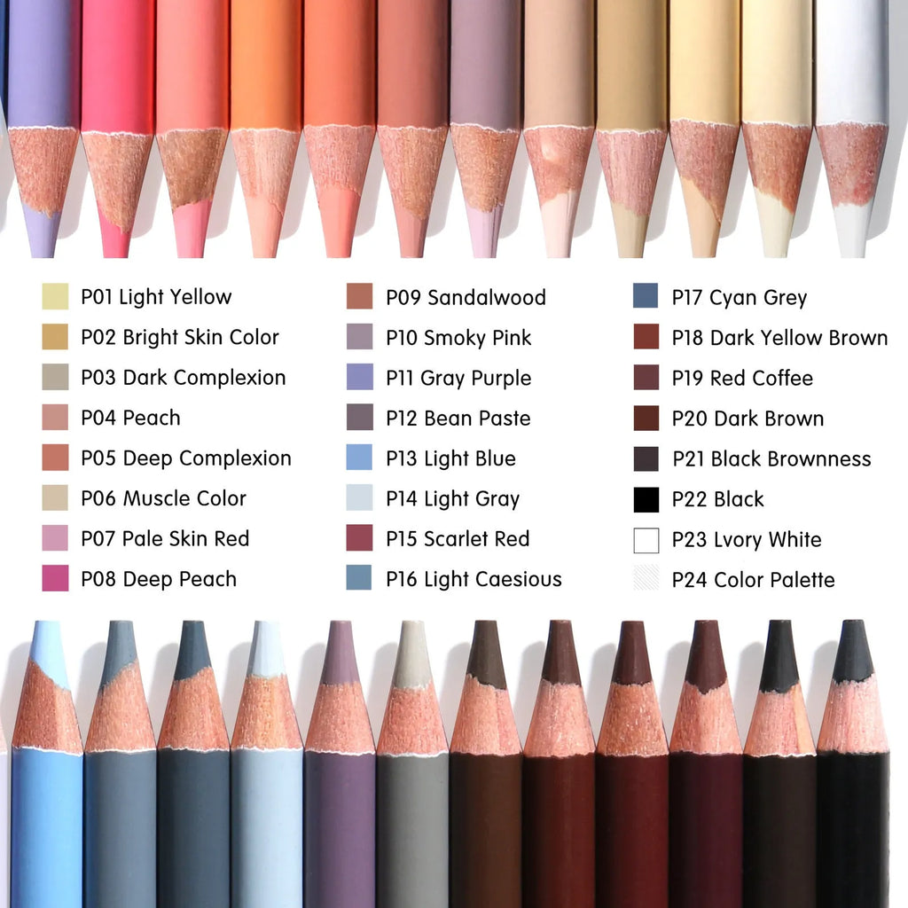 24 skin colour portrait pencils in metal tin with round brush pot for hand-painted artwork