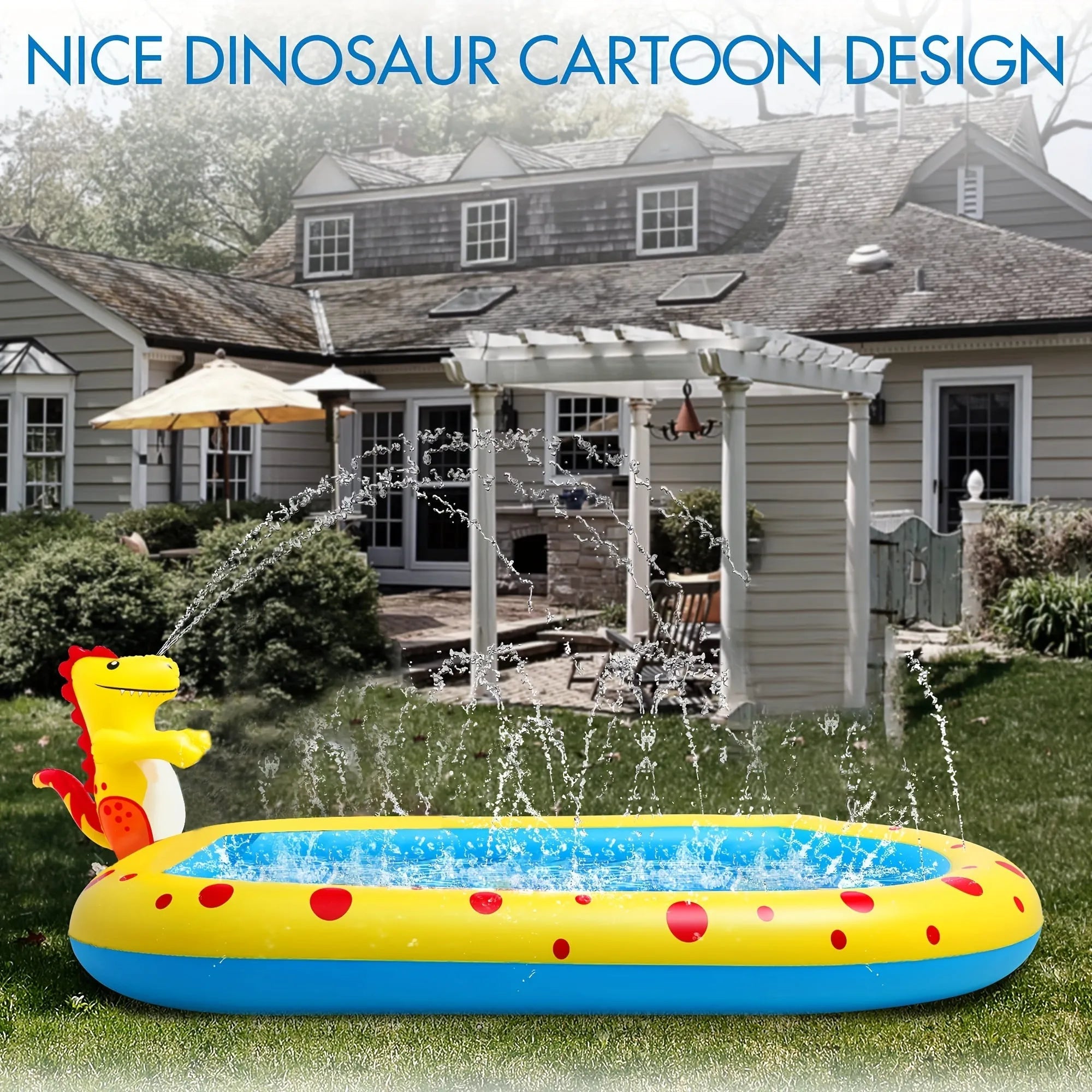 Blue dinosaur-shaped inflatable water spray pool with shark toy inside, placed on garden grass