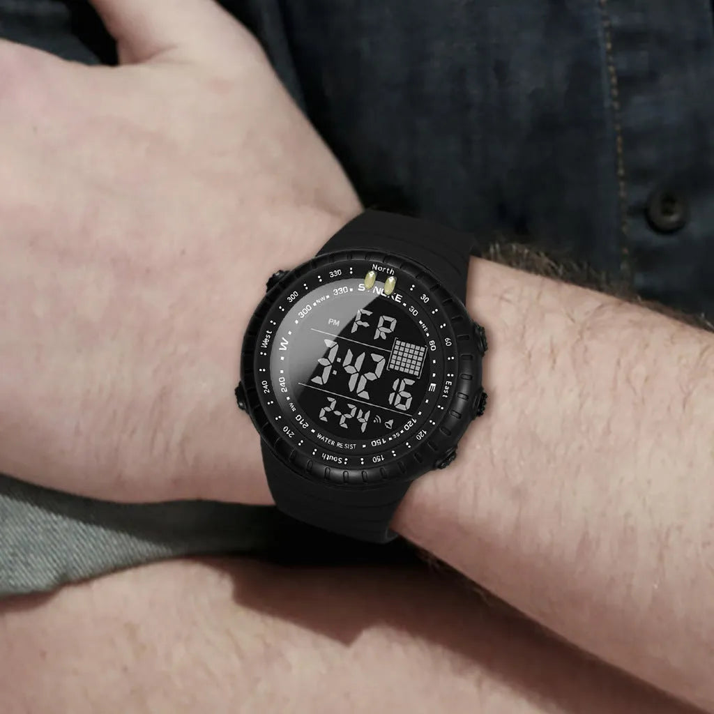 Black men's waterproof electronic watch with large dial and adjustable PU strap showing water resistance to 50 metres