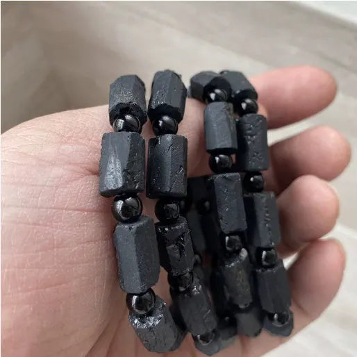Natural black tourmaline rough stone bracelet unisex 10mm bead size about 8.5mm to 9mm