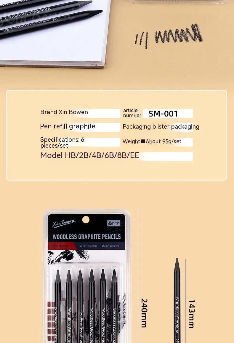 Six graphite sketching pencils with different lead grades in wood-free construction