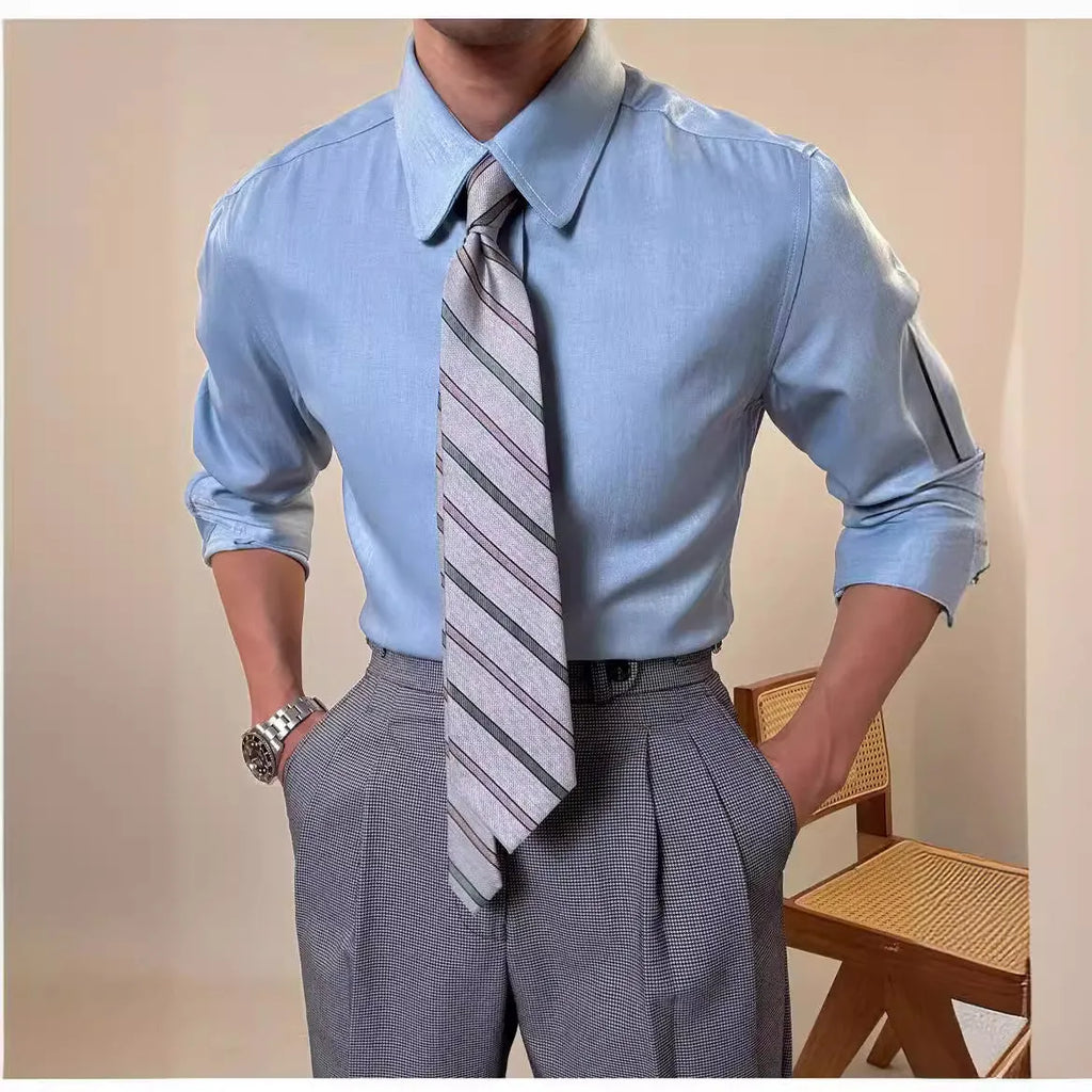 Men's slim fit long sleeve round collar shirt in sky blue and denim blue rayon-polyester blend