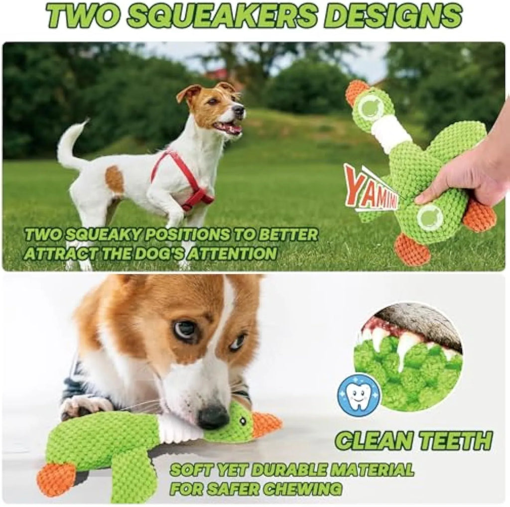 Blue plush duck dog toy with squeakers for large breed chewing play