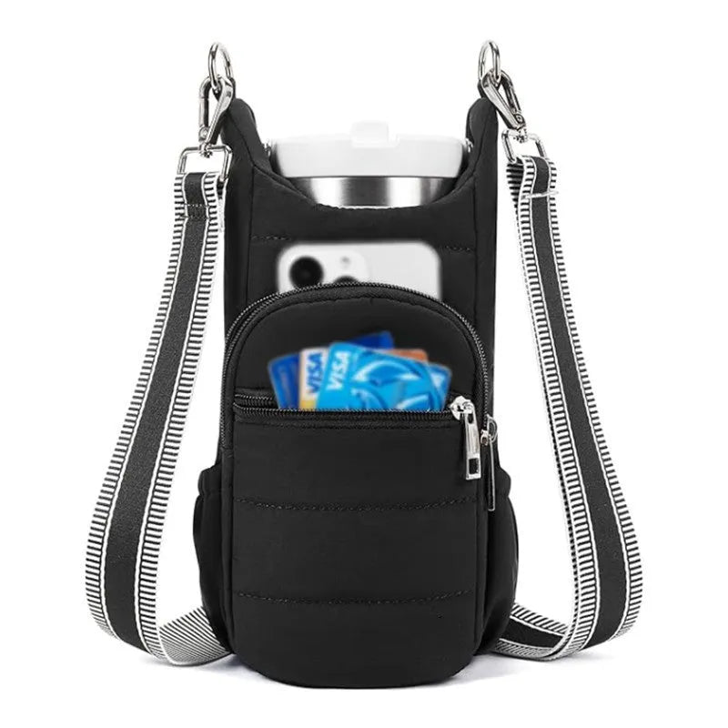 Cloth bicycle water bottle bag in black, pink, and beige for cycling hydration storage