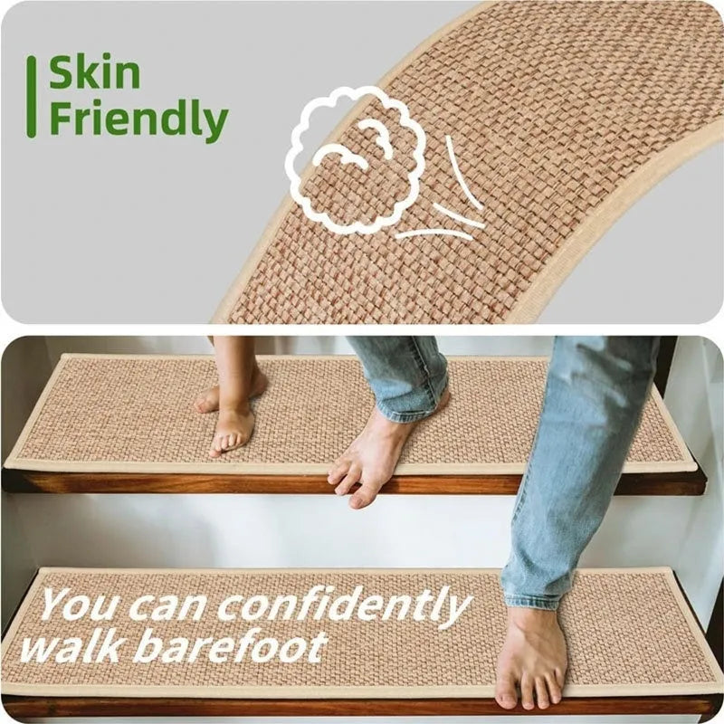 Japanese-style linen-look rectangular stair mat in camel colour with rubber bottom.