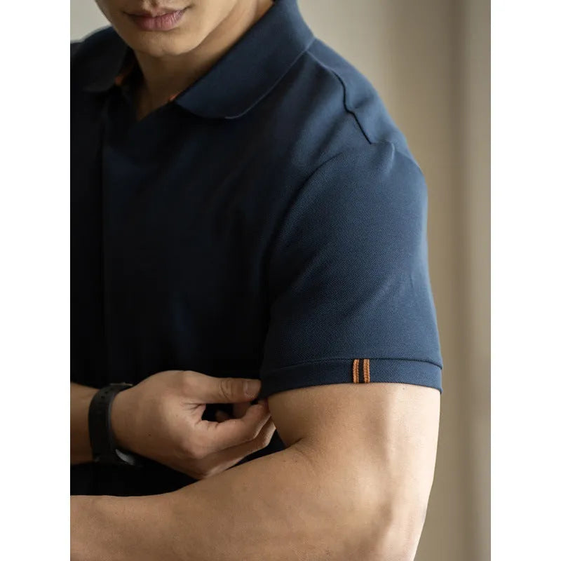 Blue cotton blend polo shirt with short sleeves displayed front view