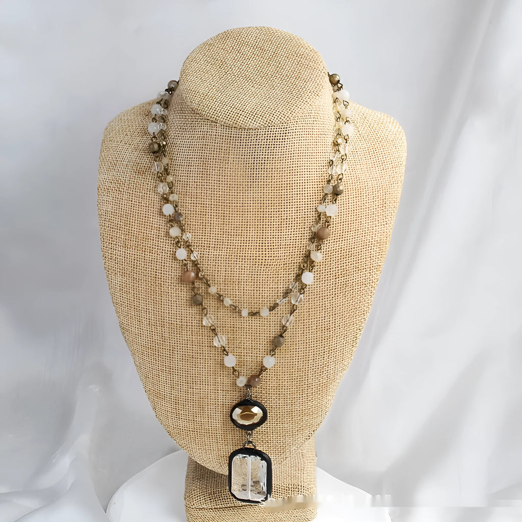 Tribal style necklace with glass and natural stone pendant on two-layer alloy chain