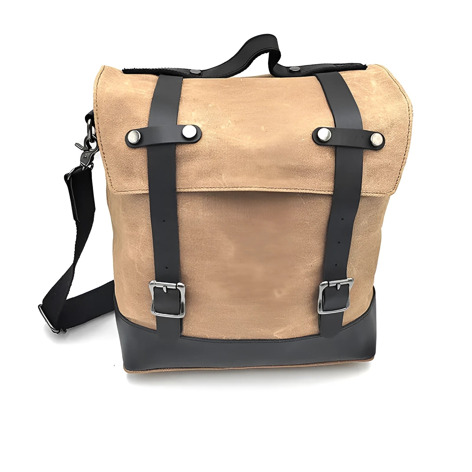 Thick waterproof canvas motorcycle side bag with cowhide top layer in black