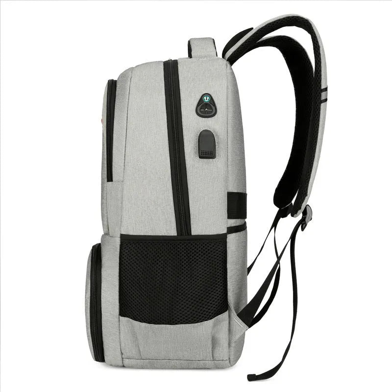 Oxford cloth insulated backpack with curved shoulder straps in light grey, showing dry-wet separation compartments