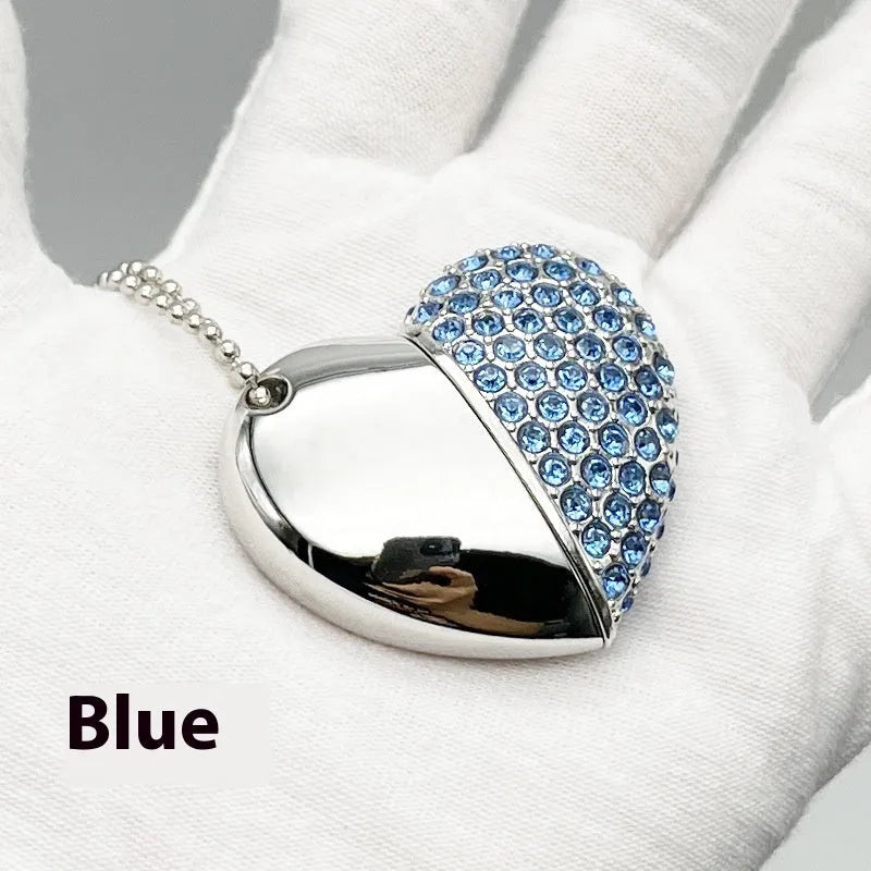 Heart-shaped brick-patterned metal USB flash drive on display in blue.
