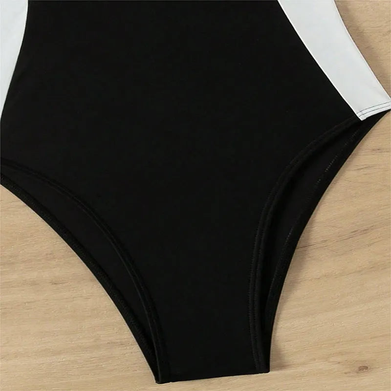 Pearl spaghetti straps one-piece swimsuit for women in black and white, slimming design