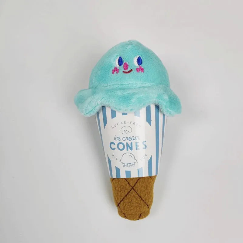 Fleece ice cream squeaky pet toy in lake blue and pink, 13cm long