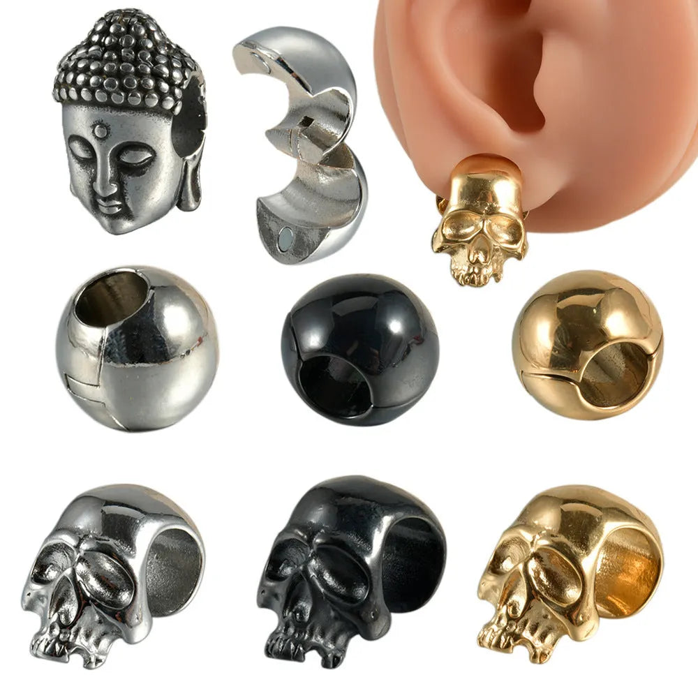 Stainless steel hollow skull Buddha geometric earrings in hip hop style with electroplated finish