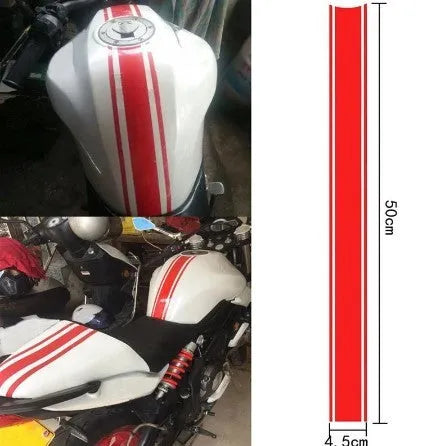 Long black reflective pinstripe vinyl sticker for motorcycle gas tank lid customisation.