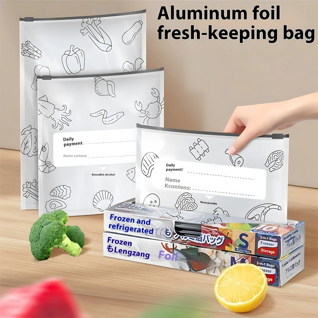 Aluminium foil sealed food storage bags in three sizes with heat resistance from minus 60 to 100 degrees Celsius
