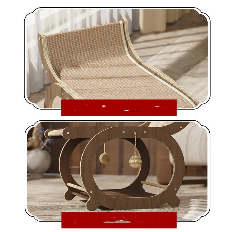 Solid wood sisal cat scratching mat with integrated recliner bed in walnut colour