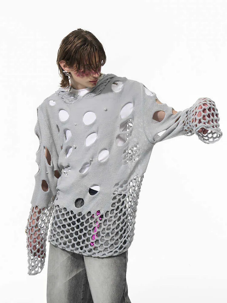 Black men's loose hoodie with pearl decoration on the hood, shown as a thin spring sweater.