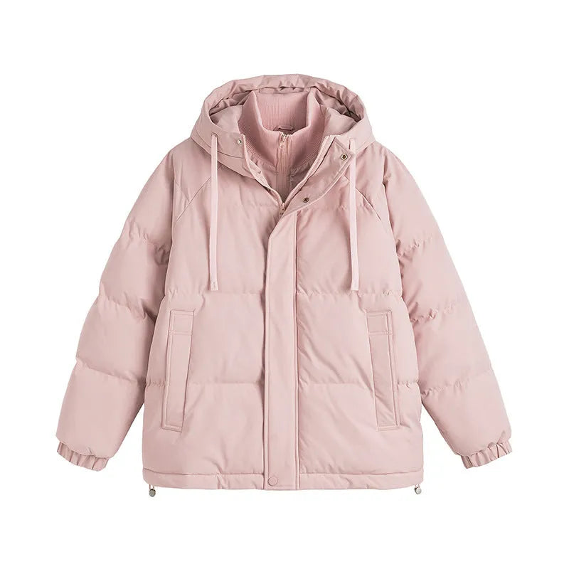 A loose-fitting, cardigan-style winter coat with a fake two-piece design and side seam pockets.