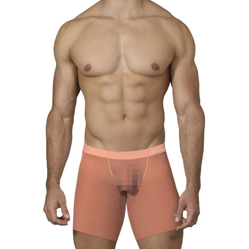 A pair of solid colour men's ice silk boxer shorts with a low waist design, shown in orange.