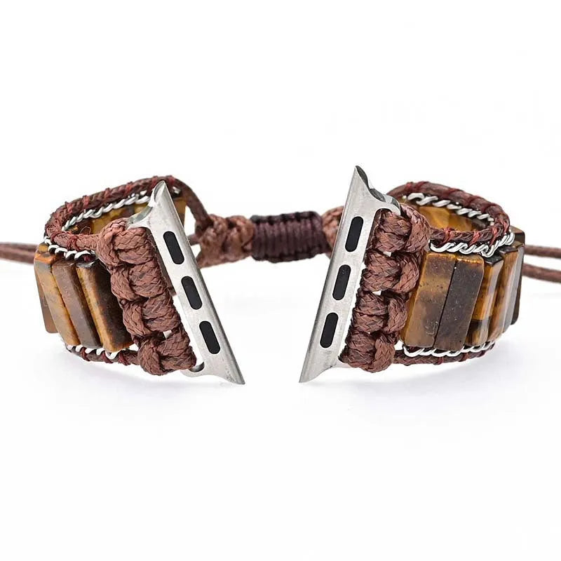Men's textile watch strap with rectangular tiger eye stone centrepiece, adjustable length for 38-41mm and 42-45mm watches