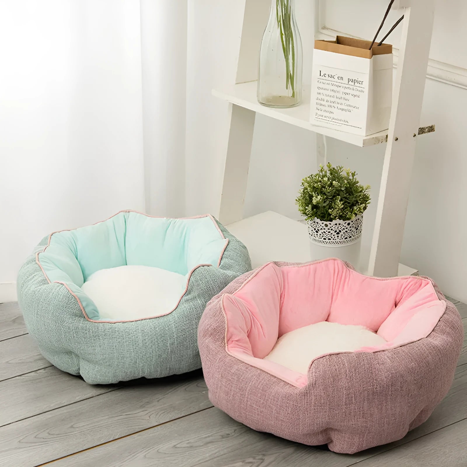 Warm winter pet bed octagonal shape with wool point design and removable mats in blue for cats and small dogs