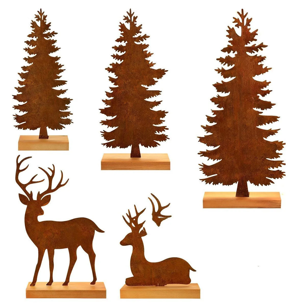 Three rusty metal Christmas tree decorations with elk silhouette cutouts
