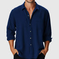 Men's loose-fit long sleeve beach shirt with a stand collar, shown in a solid colour.