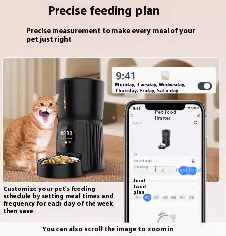 Black and white intelligent pet feeder with smartphone app remote control for automatic feeding