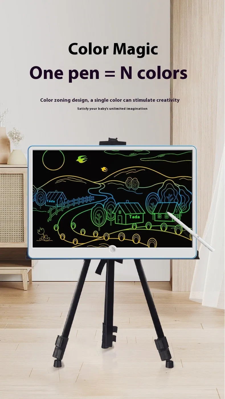 19-inch LCD drawing board for children in blue and white colour with attached stylus on screen.