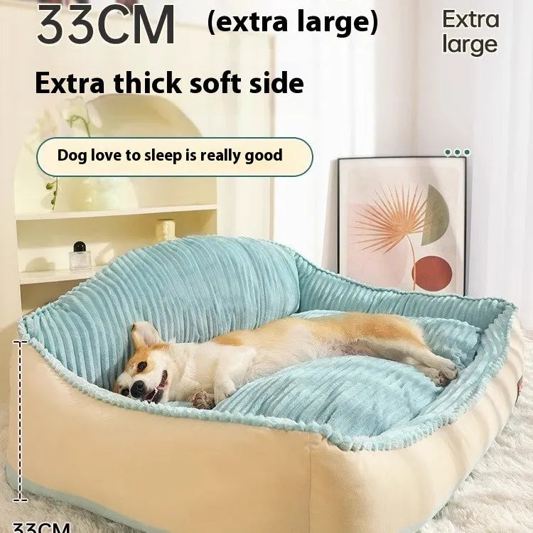 Morandi coloured removable washable sofa dog mat and cat bed shown in medium and large sizes