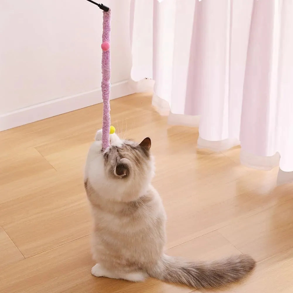 Blue cat wand toy with long plush strip and colourful ball with bells for interactive feline play