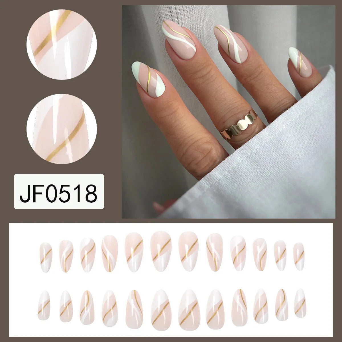 Golden Lines plaid pattern wearable nail stickers in JF0518 colour, medium drop shape