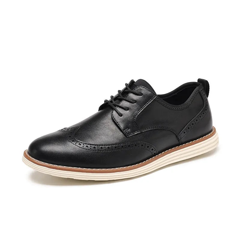 Men's black slip-on business casual shoes with round toe and low-cut PU upper on a TPR sole.