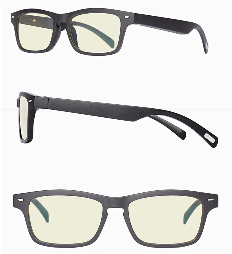 Smart glasses with tinted lenses and open-ear Bluetooth speakers on the temples.