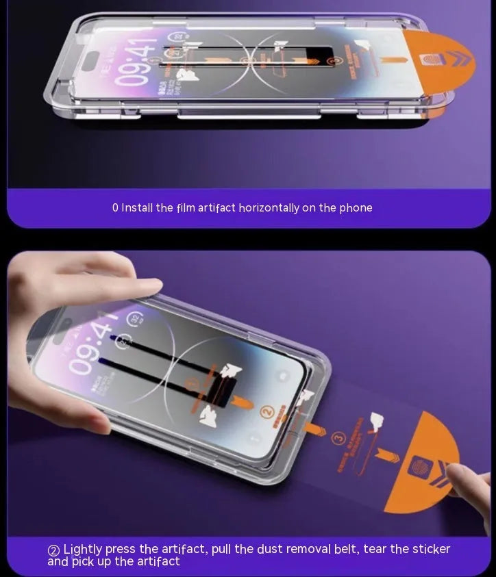 iPhone tempered glass privacy screen protector showing dust-free warehouse design and packaging.